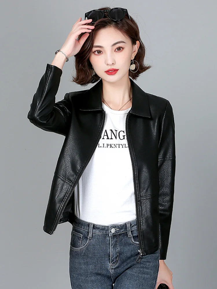 New Women Sheepskin Jacket Spring Autumn 2025 Fashion Casual Long Sleeve Short Zipper Leather Coat Loose Split Leather Outerwear