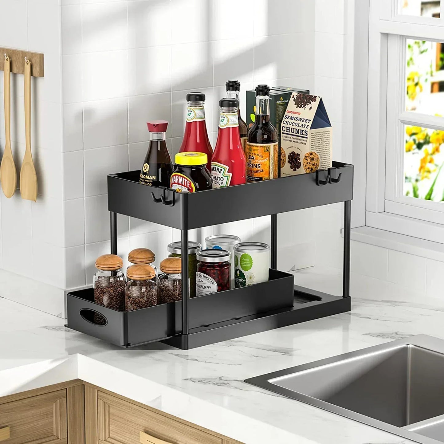 New 2 Tier Under Sink Organizer Sliding Cabinet Basket Kitchen Organizer Organizer Storage Rack with Hooks Hanging Cup Bathroom