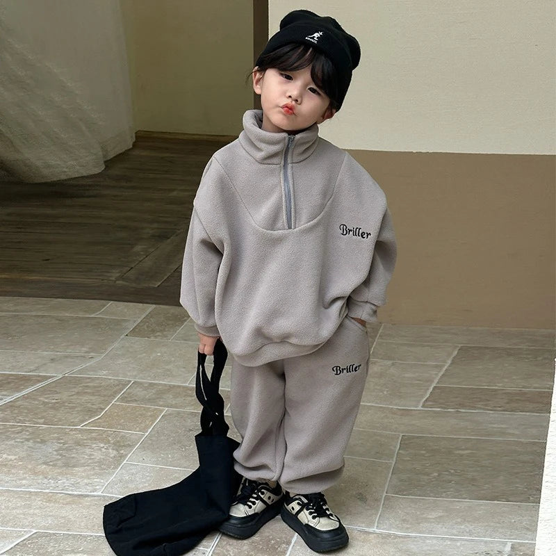 Children's Fleece Suits Insulated Baby Boy Winter Clothes Sets Letters Pullover Hoodie Sweater Top Pants Outfit Girl Tracksuit