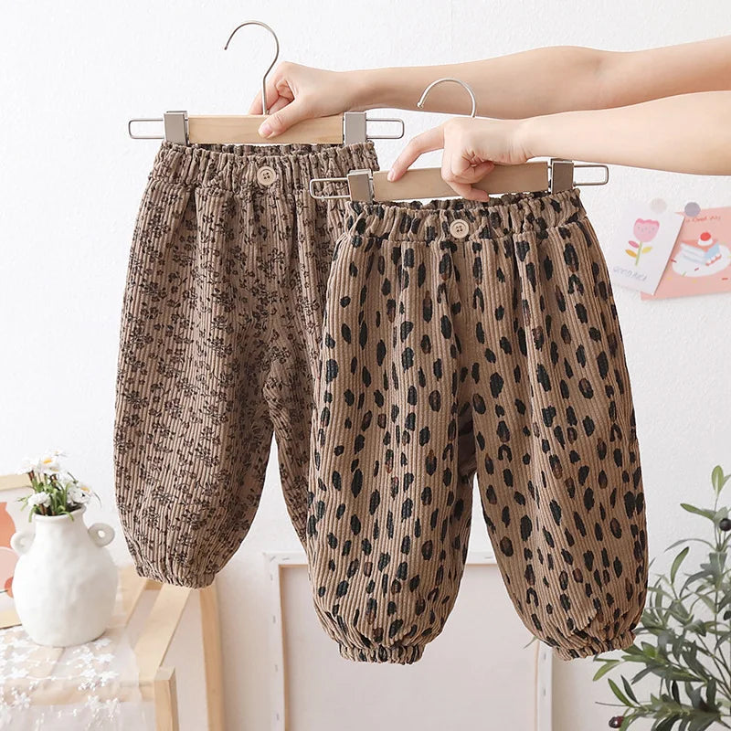 Korean Style Toddler Girls Corduroy Harem Pants 1-8Y Leopard Floral Print Autumn Winter Fleece-Lined or Thin Casual Pants