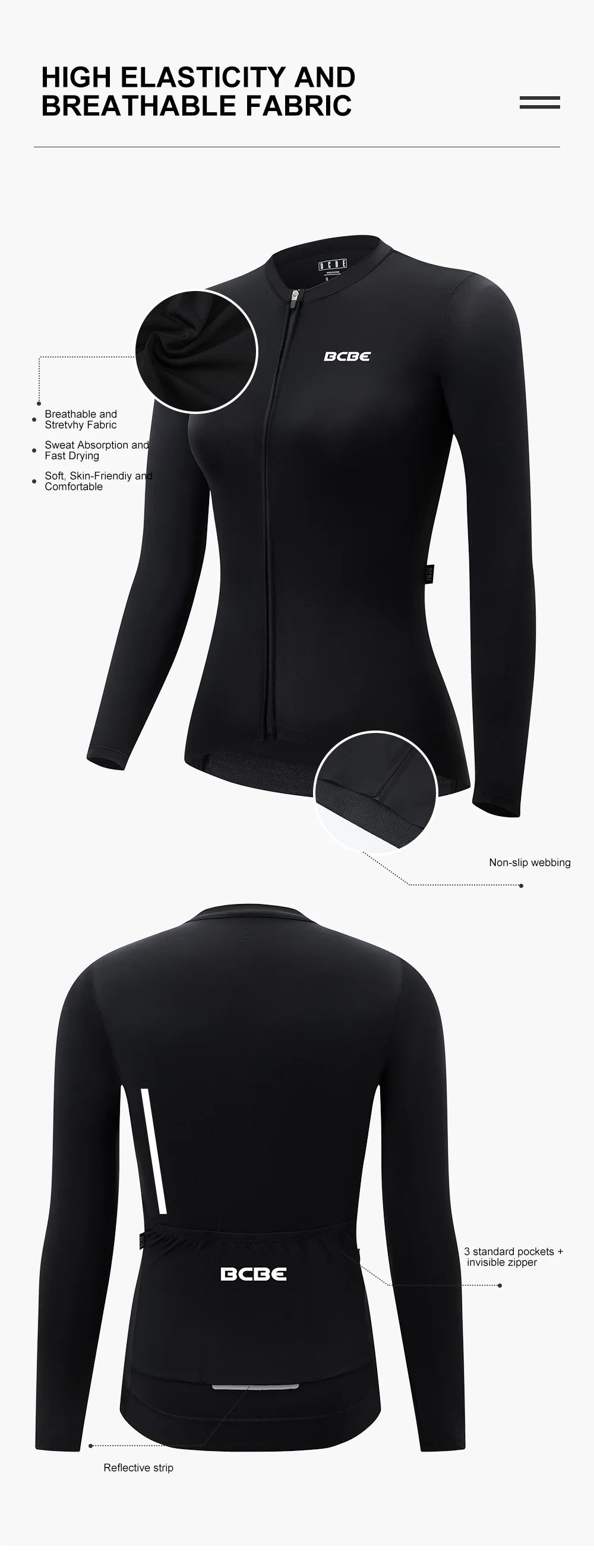 BCBE Women Long Sleeve Jersey Pro Aero Slim Fit MTB Road Cycling Jersey Breathable Quick Dry Sun Protection Riding Bike Clothing