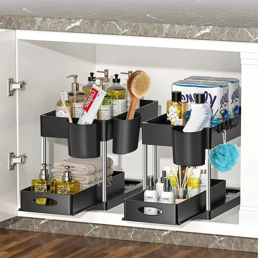 New 2 Tier Under Sink Organizer Sliding Cabinet Basket Kitchen Organizer Organizer Storage Rack with Hooks Hanging Cup Bathroom