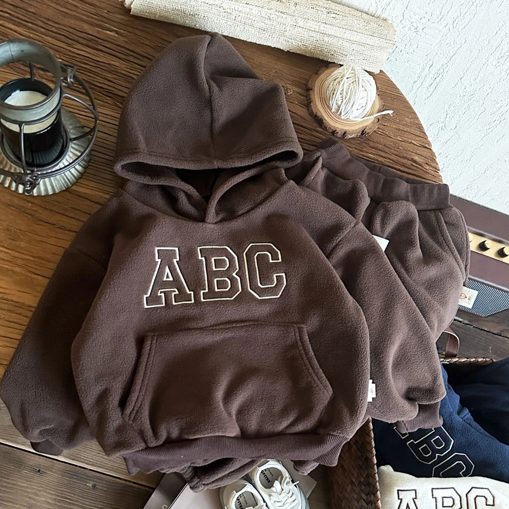 Children's Fleece Suits Insulated Baby Boy Winter Clothes Sets Letters Pullover Hoodie Sweater Top Pants Outfit Girl Tracksuit