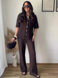 Fashion Knitted Long Pants Sets For Women Elegant Short Sleeve Lapel Single Breasted Cardigan Wide Leg Trousers 2 Pieces Suits
