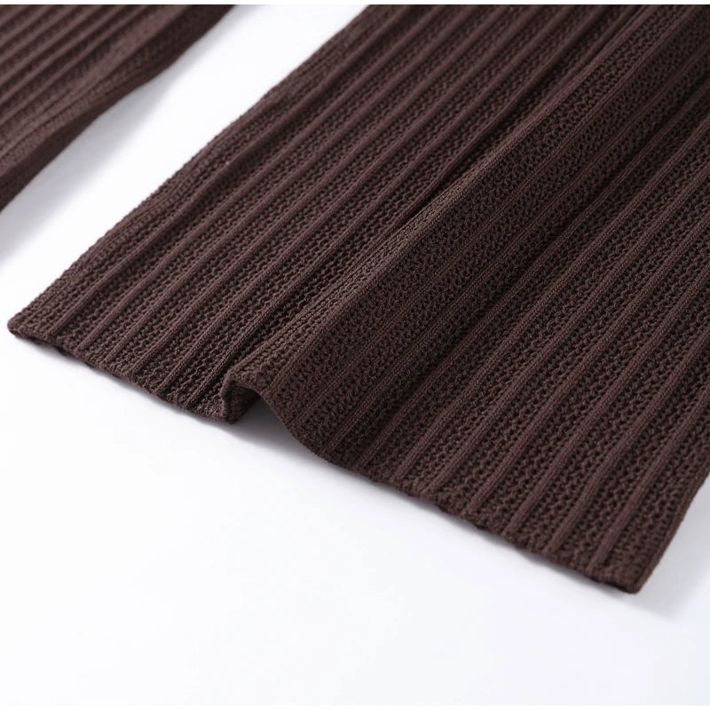 Fashion Knitted Long Pants Sets For Women Elegant Short Sleeve Lapel Single Breasted Cardigan Wide Leg Trousers 2 Pieces Suits