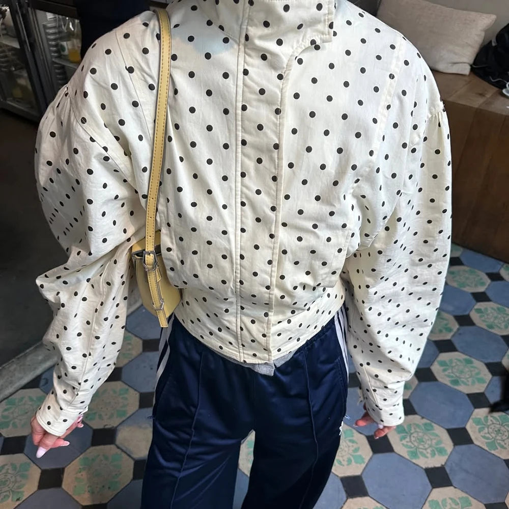 Tuularose Zipper Full Sleeve Short Polka Dot Printing Thin Jackets Women Casual Stand Neck Slim Coat Lady New Highstreet Outwear