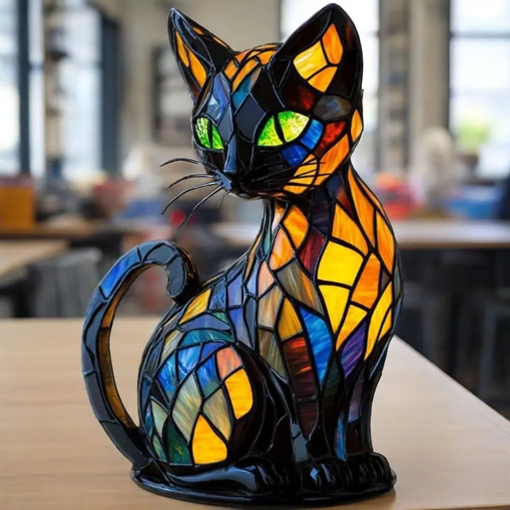 New Durable Stained Glass Cat Lamp Cats Stained Resin 3D Cute Tabletop Retro High Quality Pet Led Table Light Home Bedroom