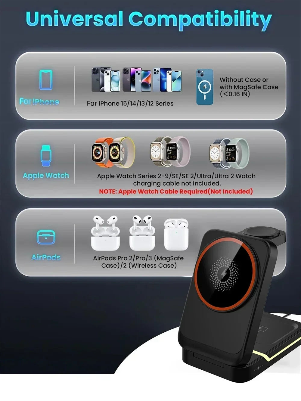 3in1 Magnetic Wireless Charger Station 30W Fast Charging for iPhone 16 15 14 Pro Max iWatch AirPods Phone Adapter Stand