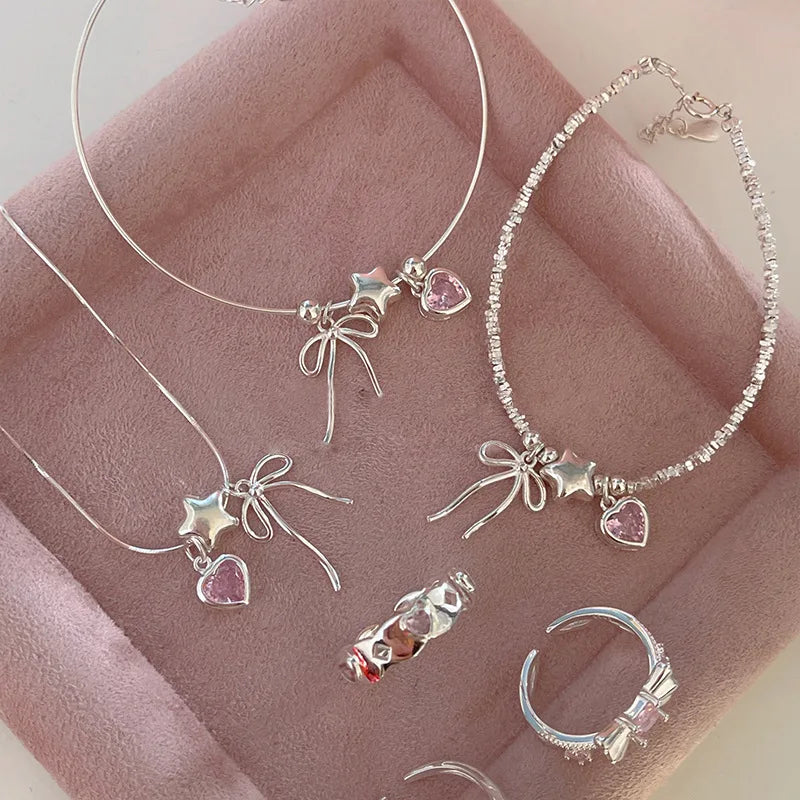 925 Sterling Silver Bracelet Bowtie Ribbon Pink Heart Star Cute Geometric For Woman Girl Fashion Jewelry Gift Dropship Wholesale