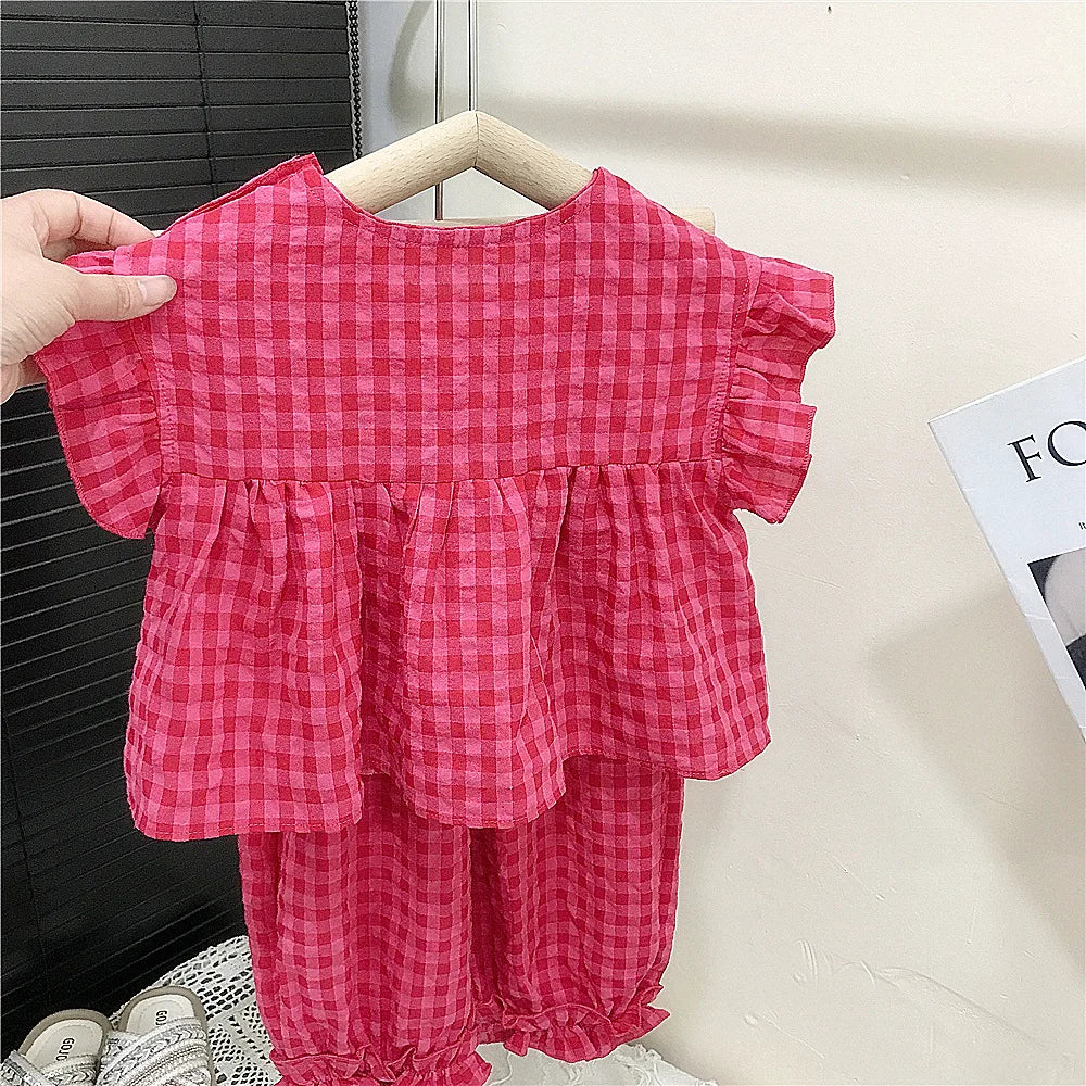 Summer Spring Baby Girls Cotton Loose Red Plaid Ruffle Sleeves Shirt Tops+Crop Pant Sets Child Outfit Kids 2PCS Tracksuit 2-10Yr