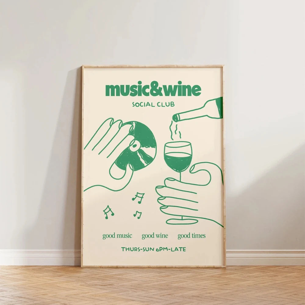 1PC Frameless Retro Music & Wine Illustration Posters Canvas Painting Wine Hand Drawn Print Wall Art Home Kitchen Club Bar Decor