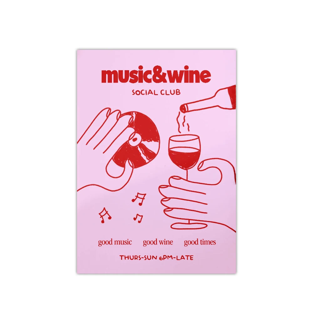 1PC Frameless Retro Music & Wine Illustration Posters Canvas Painting Wine Hand Drawn Print Wall Art Home Kitchen Club Bar Decor