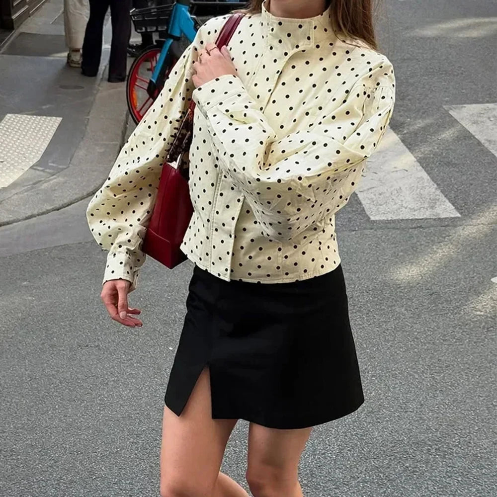 Tuularose Zipper Full Sleeve Short Polka Dot Printing Thin Jackets Women Casual Stand Neck Slim Coat Lady New Highstreet Outwear