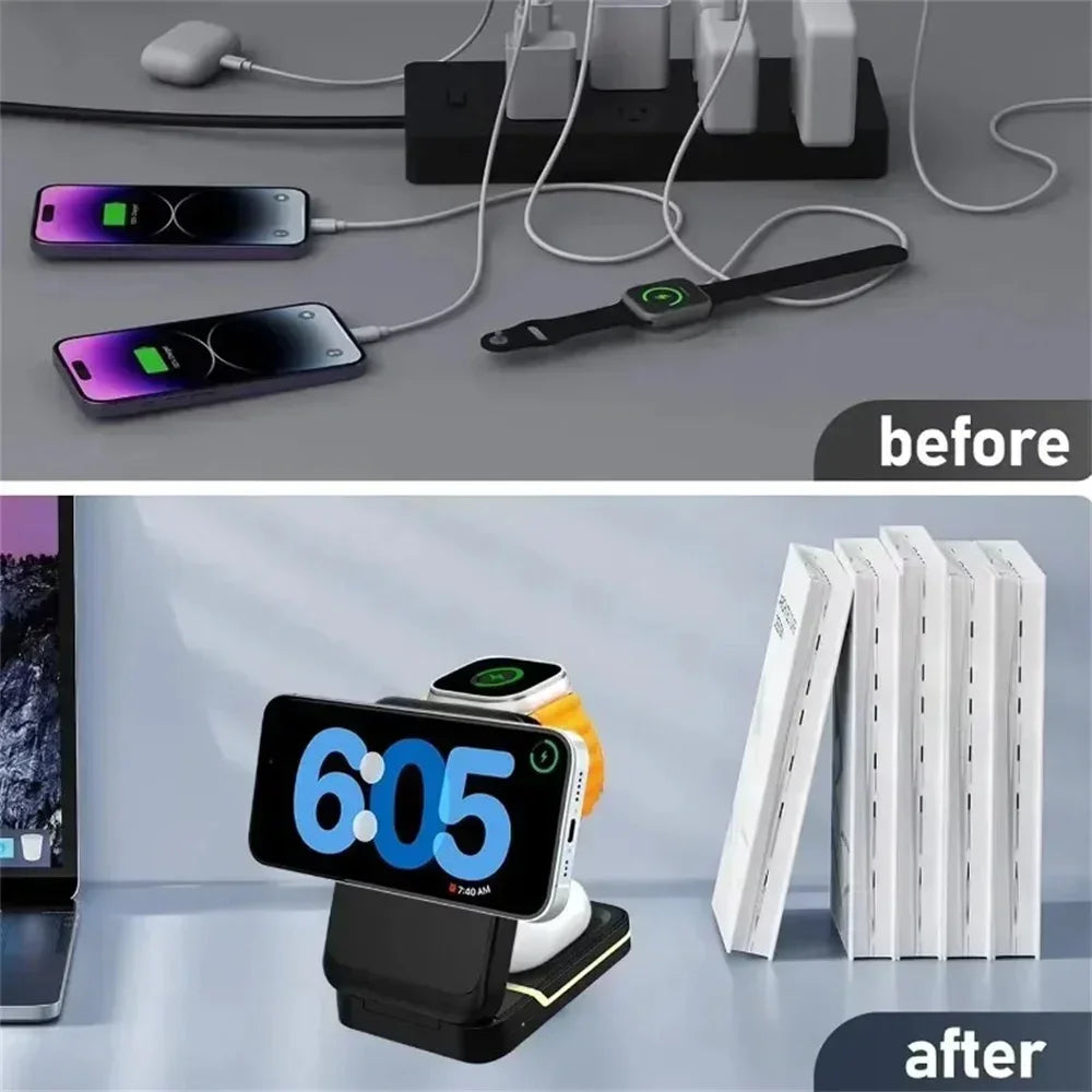 3in1 Magnetic Wireless Charger Station 30W Fast Charging for iPhone 16 15 14 Pro Max iWatch AirPods Phone Adapter Stand