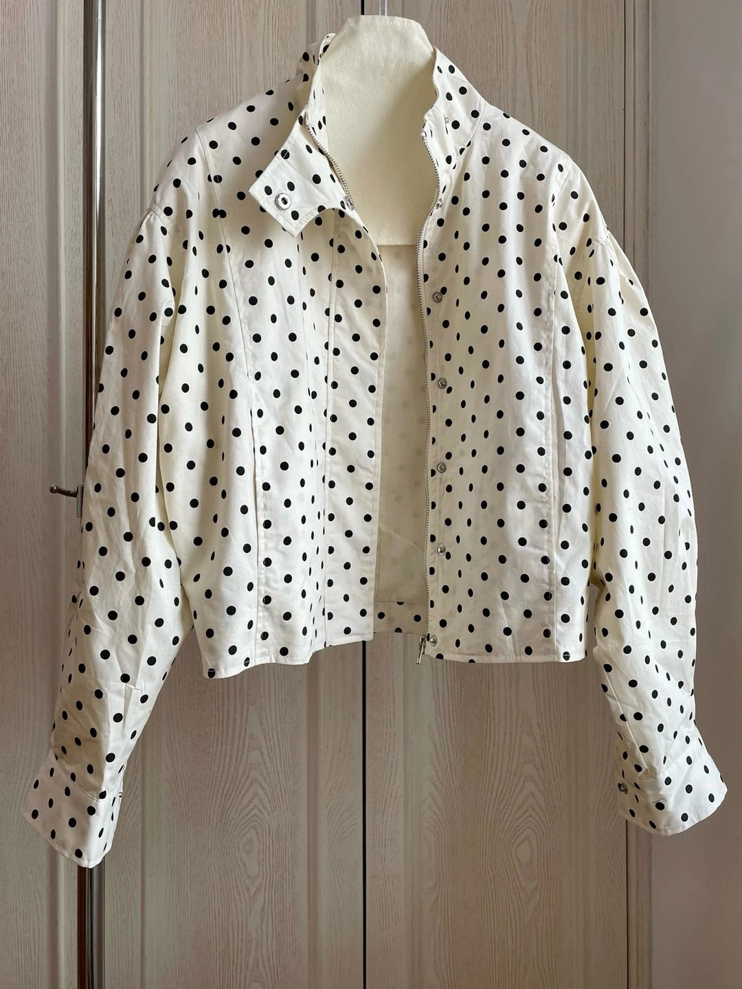 Tuularose Zipper Full Sleeve Short Polka Dot Printing Thin Jackets Women Casual Stand Neck Slim Coat Lady New Highstreet Outwear