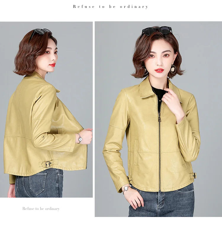 New Women Sheepskin Jacket Spring Autumn 2025 Fashion Casual Long Sleeve Short Zipper Leather Coat Loose Split Leather Outerwear