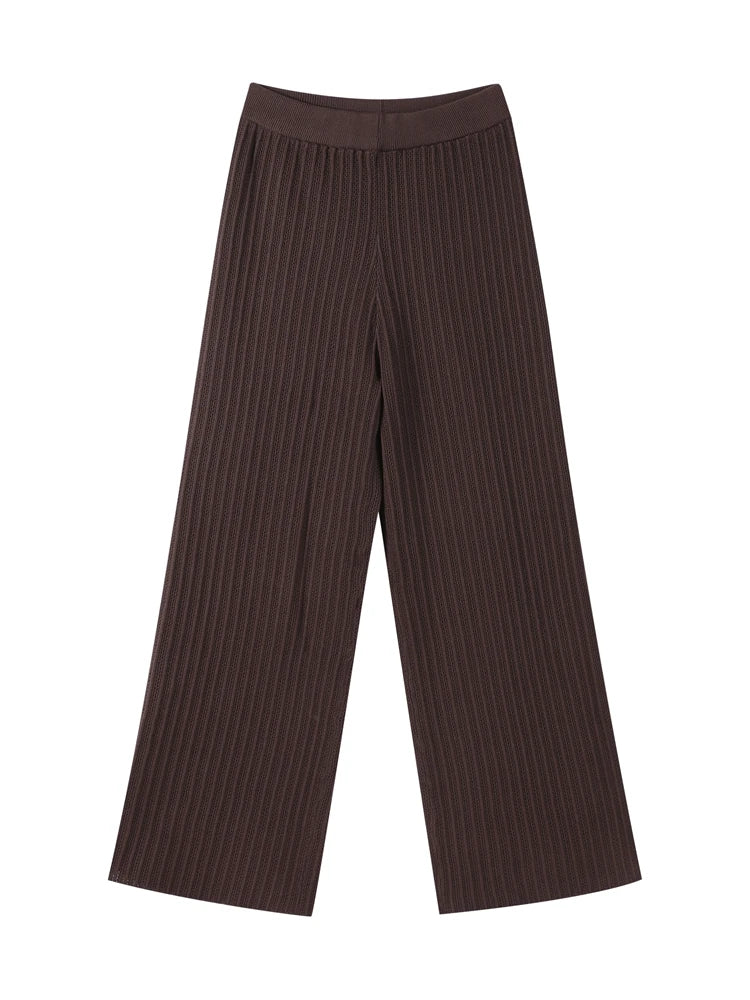 Fashion Knitted Long Pants Sets For Women Elegant Short Sleeve Lapel Single Breasted Cardigan Wide Leg Trousers 2 Pieces Suits