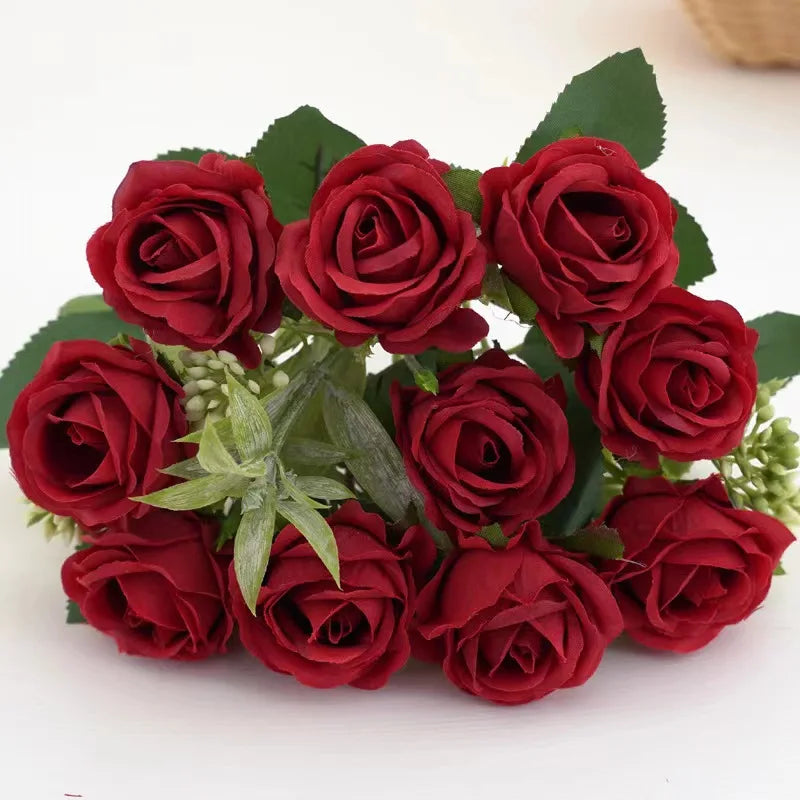 10 Heads Rose Bouquet Artificial Flowers Western Rose Wedding Decoration 6 Colors Peonies Fake Flowers Artificial Flowers