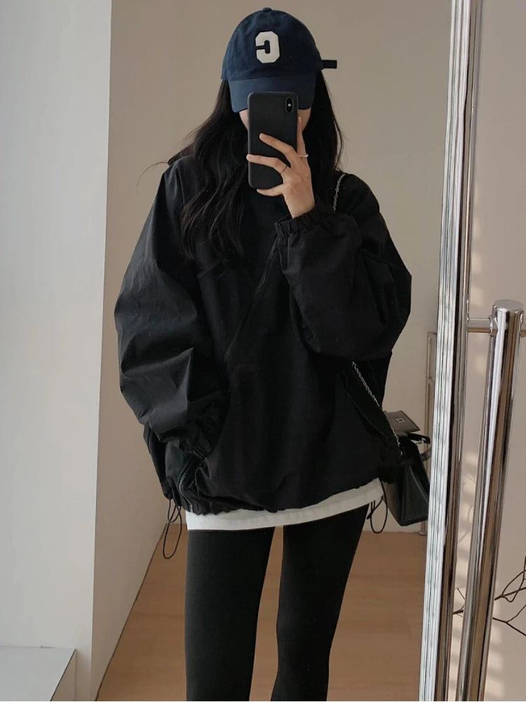 Jackets Women Solid Loose Hooded Simple Zippers Spring Leisure Pockets Japanese Style Attractive Creativity Fashion All-match