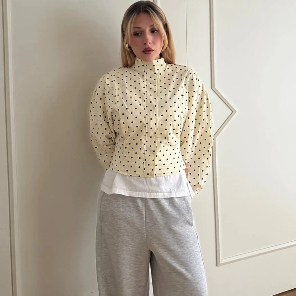Tuularose Zipper Full Sleeve Short Polka Dot Printing Thin Jackets Women Casual Stand Neck Slim Coat Lady New Highstreet Outwear