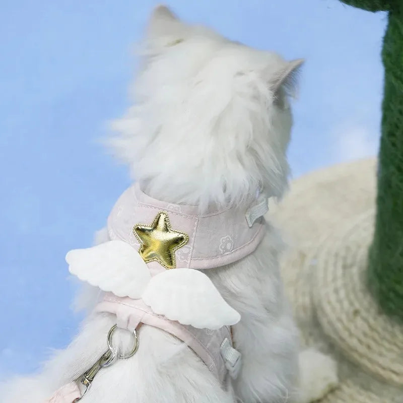 Haustier-Westengeschirr mit Engelsflügeln und Leine, Kawaii, personalisiert für Katzen, Hundegeschirr, Halskette, Zubehör, Katzengeschirr, Leine, 4 Jahreszeiten