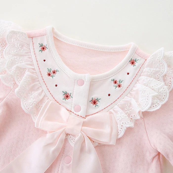 Infant Baby Girls Jumpsuit+Hat Embroidery Lace Stitching Cotton Long Sleeve Toddler Baby Girl Romper Spring Autumn Baby Clothes