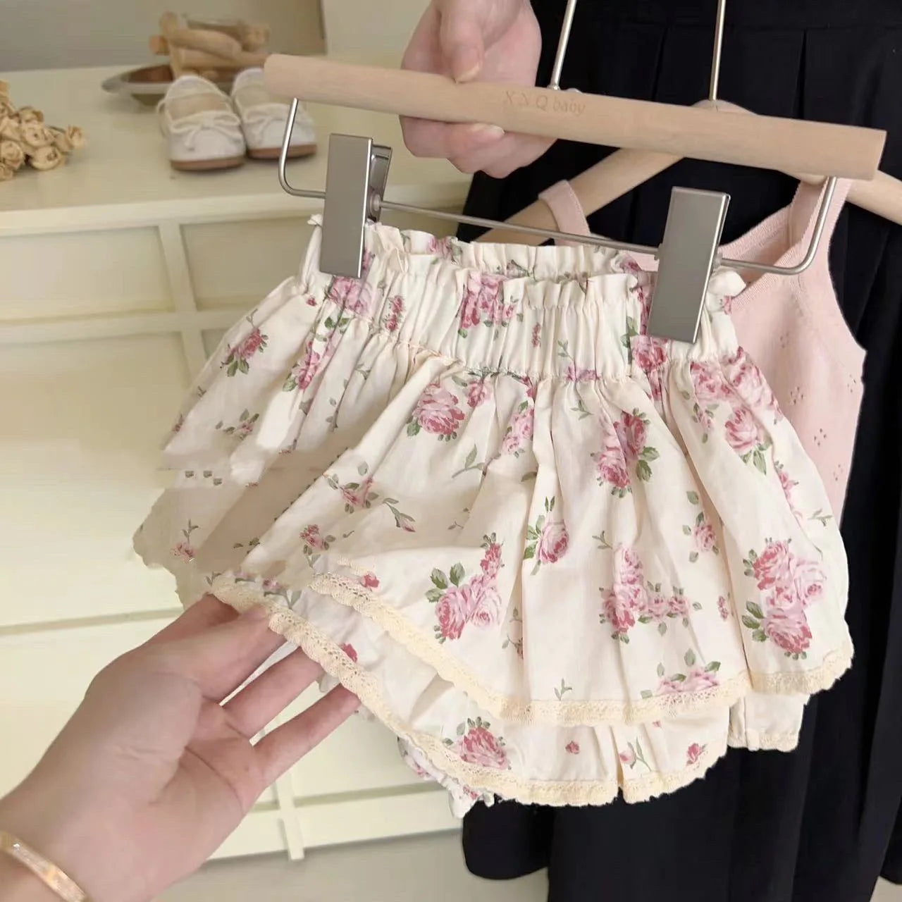 Ins Summer Toddler Girl Outfit 2024 Hollow Cool Slip Tees Lace Rose Flower Bud Shorts Baby Girl 2PCS Clothes Set Kid Girl Suits