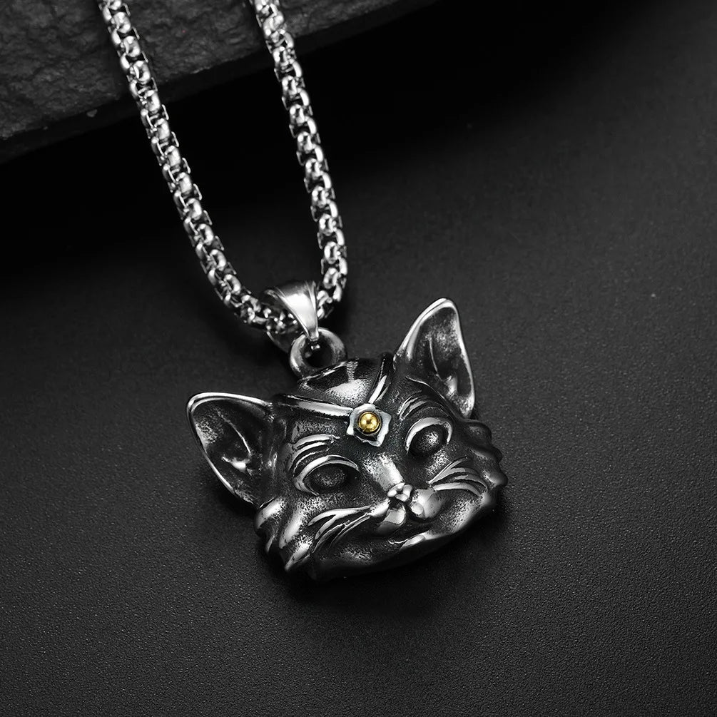 Vintage Bell Cat Pendant Men's Necklace Stainless Steel Animal Lucky Jewelry Gift for Anniversary