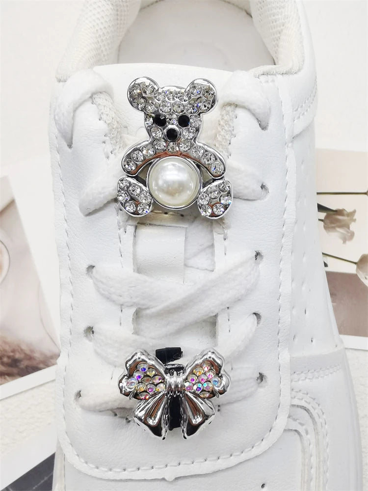2PCS Bling Rhinestone Bear Shoelace Charms ABS Heart Bowtie Shoe Lace Decorations Accessories DIY Golden Shoe Clips Fit Sneakers