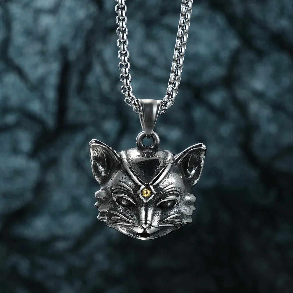 Vintage Bell Cat Pendant Men's Necklace Stainless Steel Animal Lucky Jewelry Gift for Anniversary