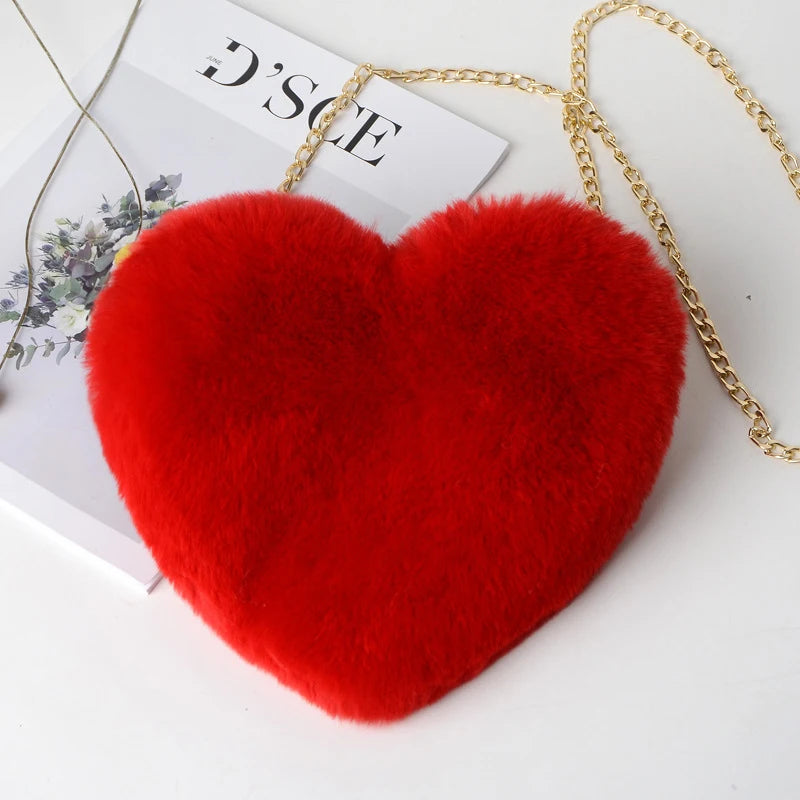 Fashion Women's Heart Shaped Handbags Cute Faux Fur Crossbody Bags Lady Soft Plush Chain Shoulder Bag Shopper Totes