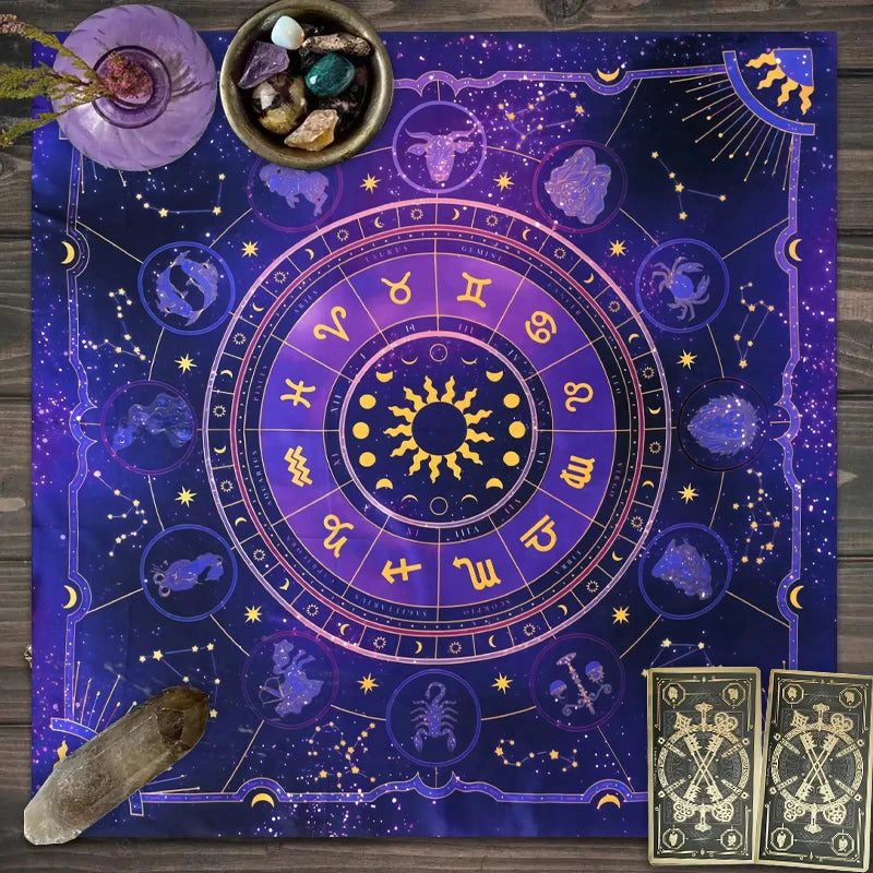 1pc Tarot card tablecloth, 12 zodiac astrology altar cloth, fortune astrology prophecy card mat, drop board game tablecloth