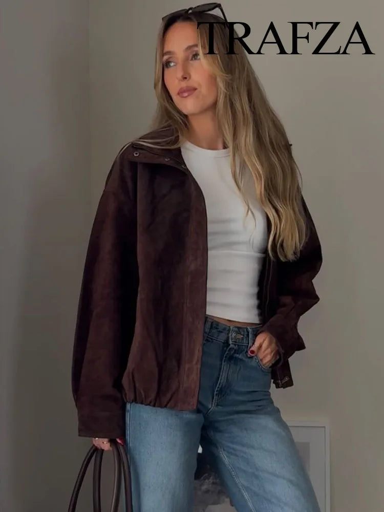 TRAFZA Women Autumn Casual Loose Coats Female Fashion High Collar Zipper Side Pocket Design Jackets Solid Street Style Coats