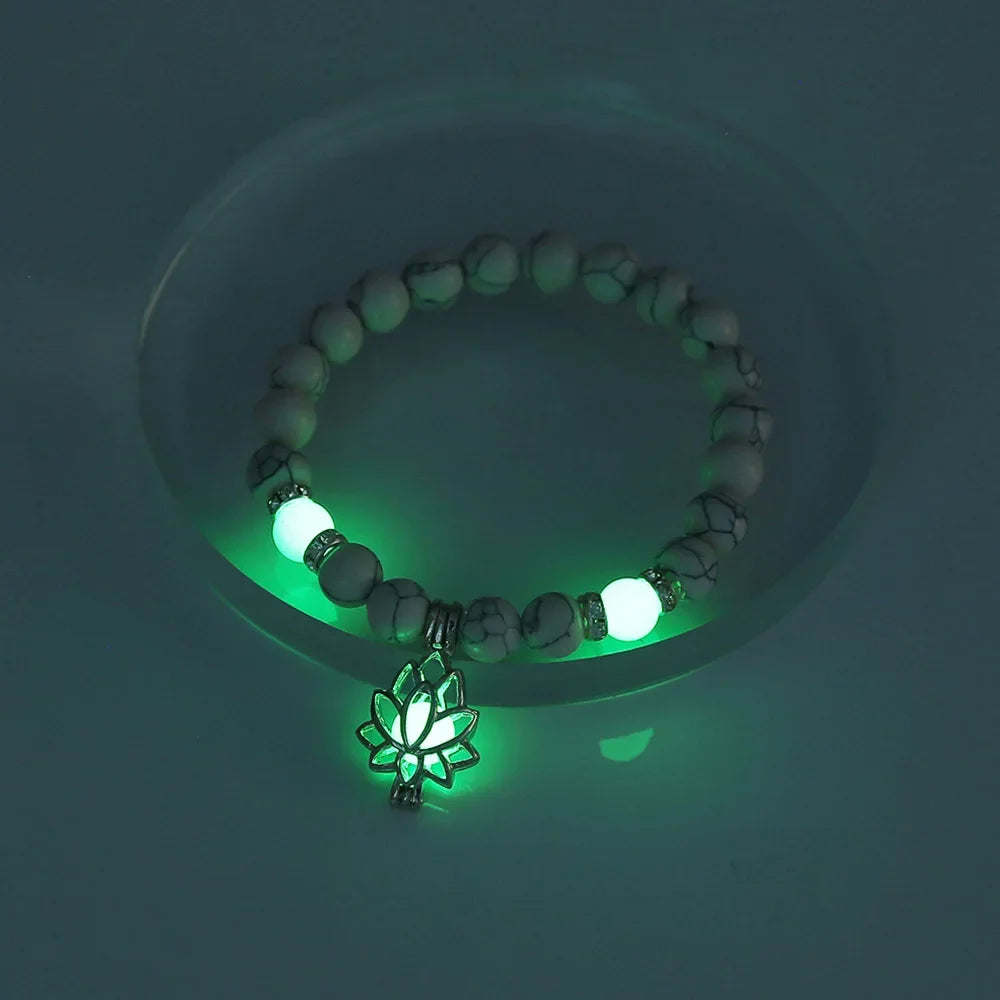 Glow In The Dark Beaded Bracelet For Women Hollow Flower Turtle Lava Stone Beads Elastic Chain Bangle Fashion Luminous Jewelry