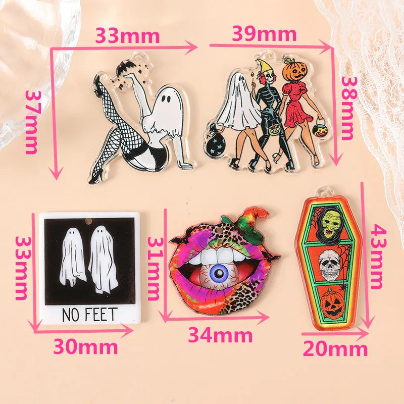 10Pcs Halloween Charms Creative Acrylic Vintage Pumpkin No Feet Ghost Pendant For Keychain Necklace Jewelry Diy Making