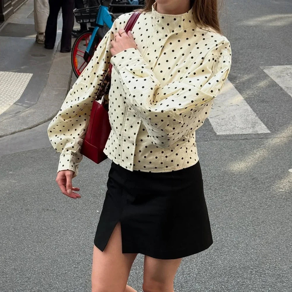 Tuularose Zipper Full Sleeve Short Polka Dot Printing Thin Jackets Women Casual Stand Neck Slim Coat Lady New Highstreet Outwear