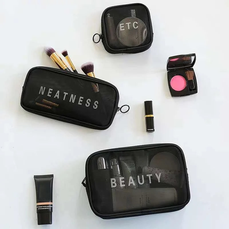 Makeup Bag Women Travel Toiletry Wash Makeup Bag Storage Case Zipper Make Up Bags Black Dot Transparent Mesh Cosmetic Bag