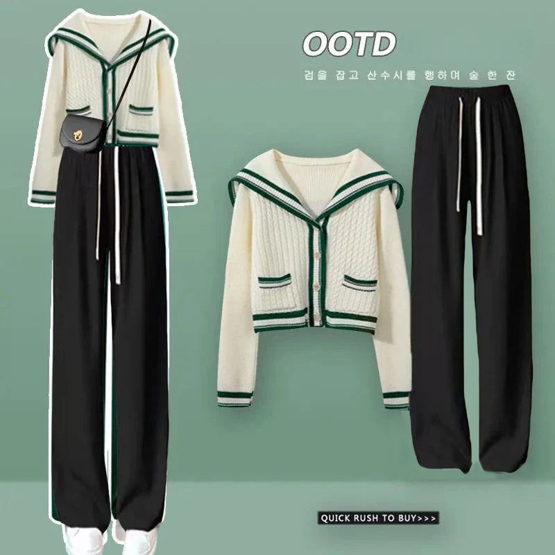 New In Spring Women's 2 Pieces Set Sweet Preppy Style Sweater Cardigan Long Sleeve Crop Top Wide Leg Pants Casual Lady's Outfits