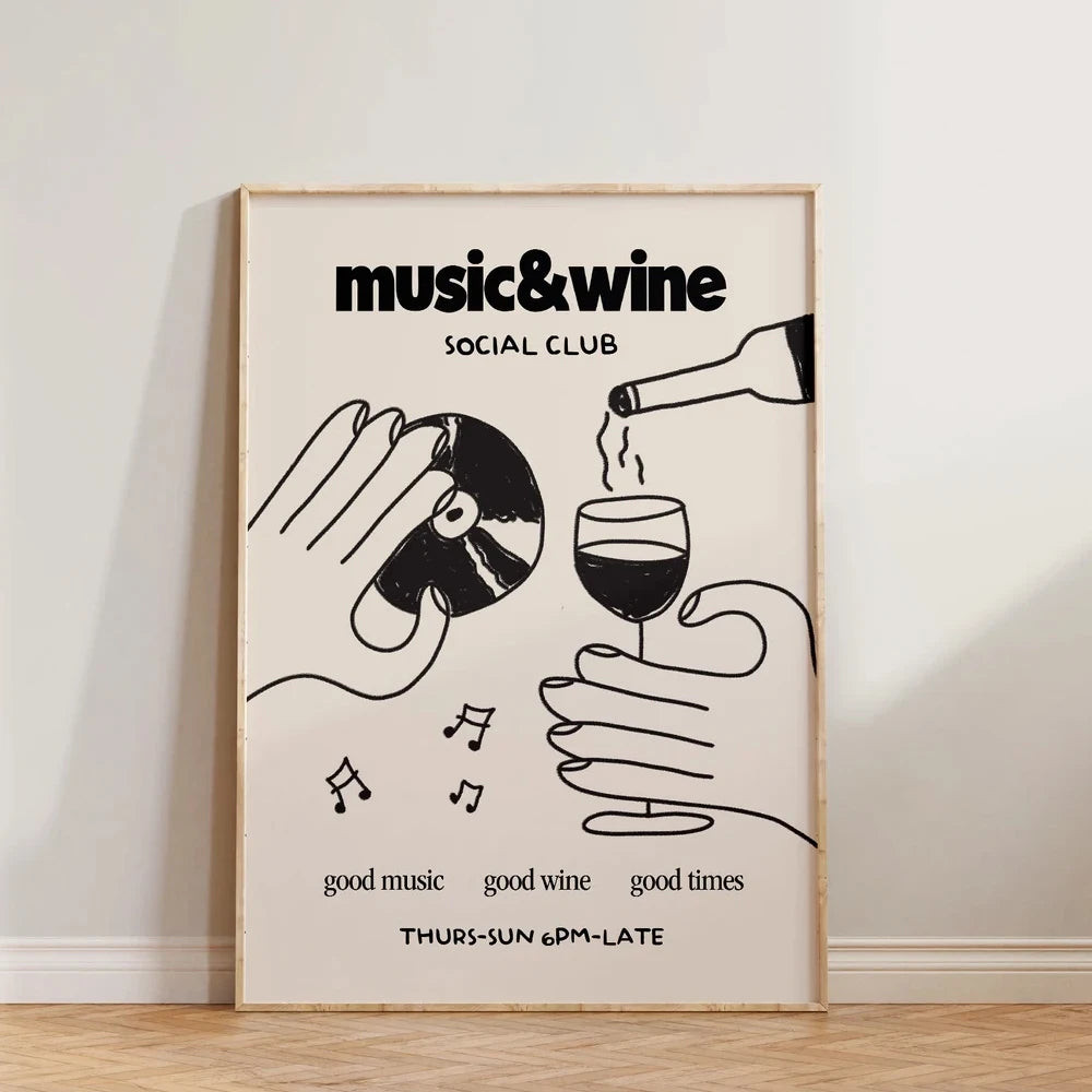 1PC Frameless Retro Music & Wine Illustration Posters Canvas Painting Wine Hand Drawn Print Wall Art Home Kitchen Club Bar Decor