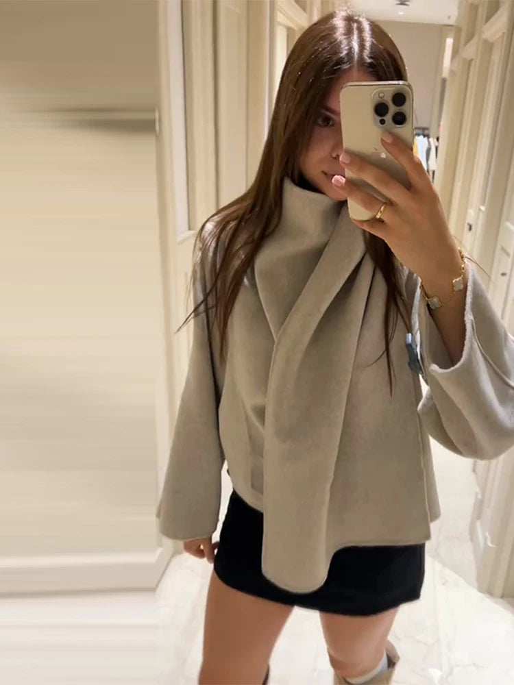 Winter Jacket Women Scarf Collar Short Woolen Coats Autumn 2025 Old Money Long Sleeve Solid Loose Bomber Jackets Chic Outerwears