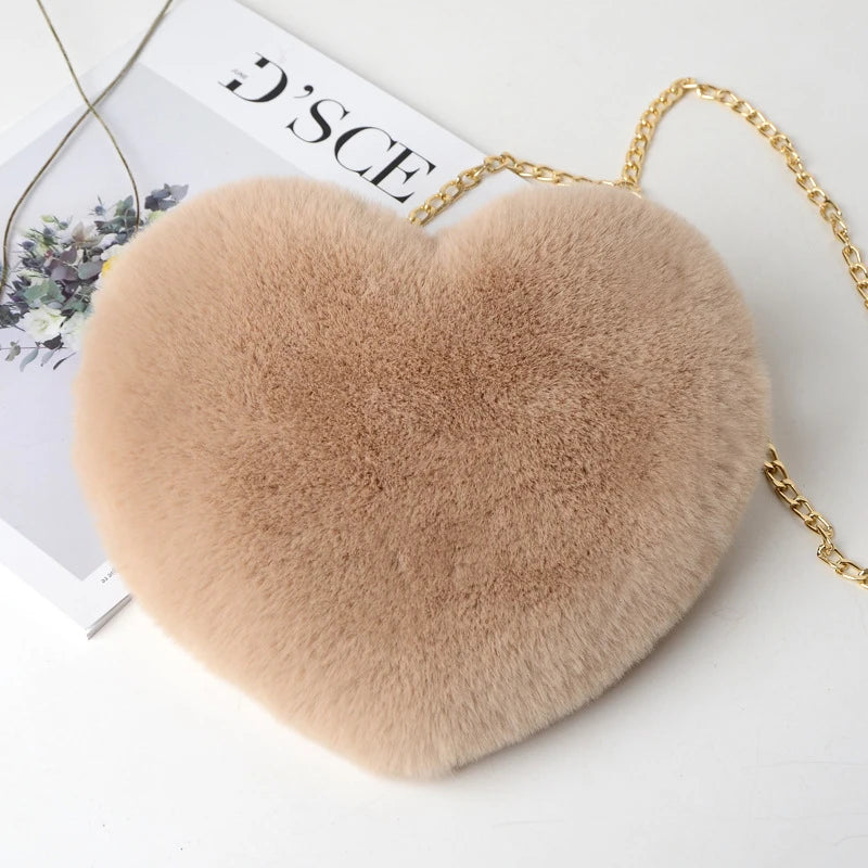 Fashion Women's Heart Shaped Handbags Cute Faux Fur Crossbody Bags Lady Soft Plush Chain Shoulder Bag Shopper Totes