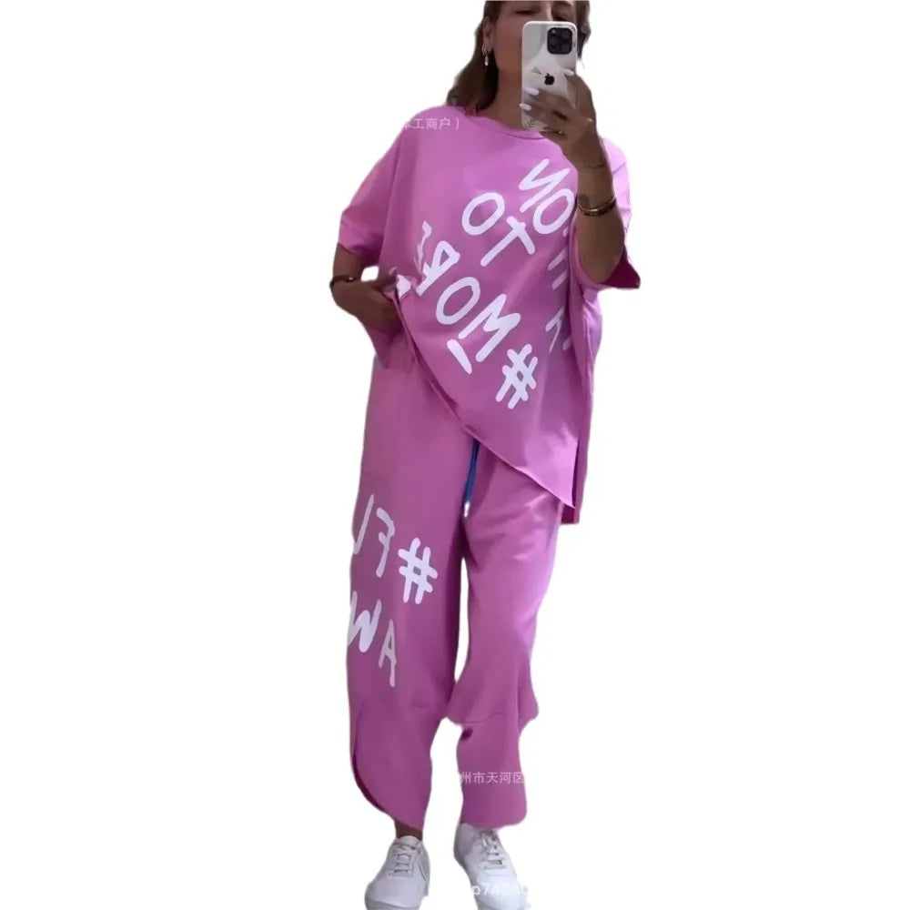 Spring Summer New Fashion Letters Printed T Shirt Women Short Sleeve Suit Simple Loose Casual Pocket Female Pants 2 Piece Set