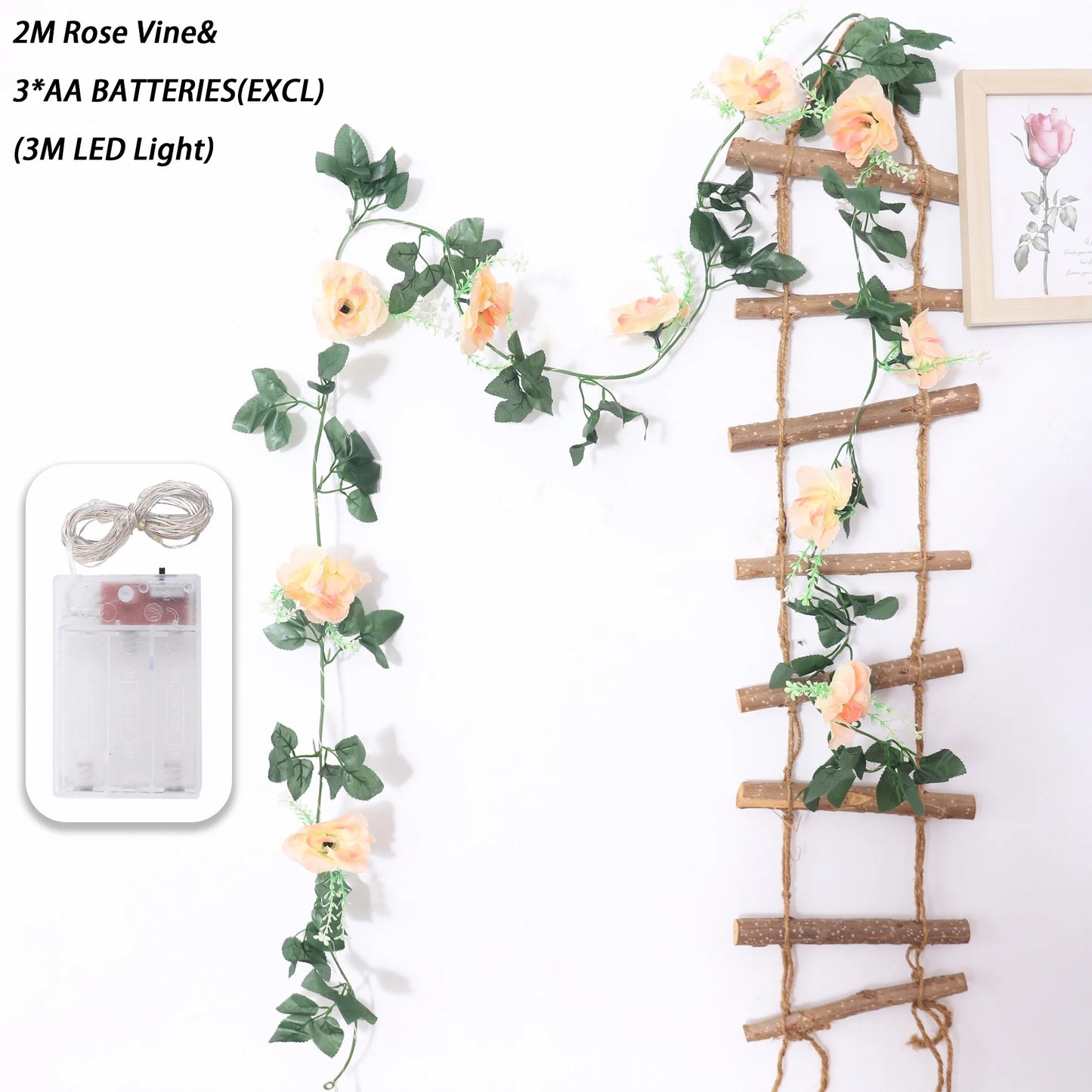 200cm Rose Artificial Flowers Vine LED String Lights For Wedding Garland Home Decor Fake Rose Rattan Hanging Wall Arch Ornament