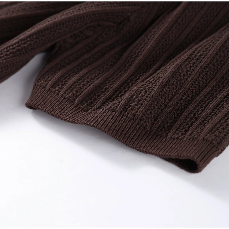 Fashion Knitted Long Pants Sets For Women Elegant Short Sleeve Lapel Single Breasted Cardigan Wide Leg Trousers 2 Pieces Suits