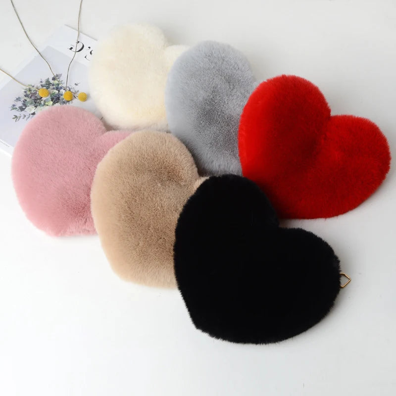 Fashion Women's Heart Shaped Handbags Cute Faux Fur Crossbody Bags Lady Soft Plush Chain Shoulder Bag Shopper Totes