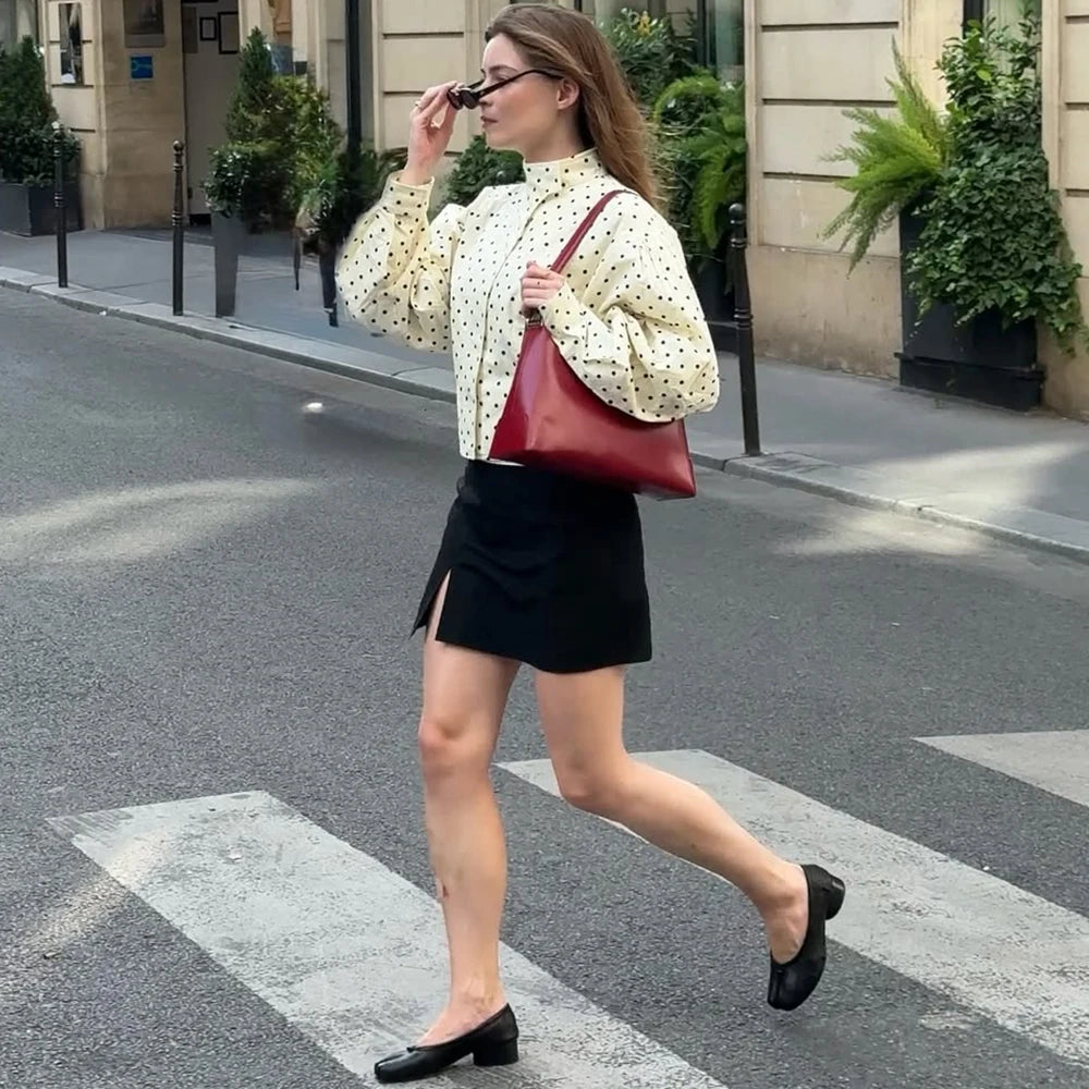 Tuularose Zipper Full Sleeve Short Polka Dot Printing Thin Jackets Women Casual Stand Neck Slim Coat Lady New Highstreet Outwear