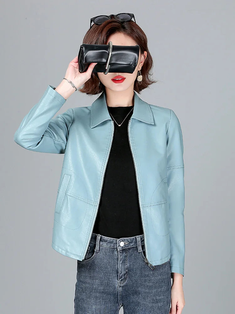 New Women Sheepskin Jacket Spring Autumn 2025 Fashion Casual Long Sleeve Short Zipper Leather Coat Loose Split Leather Outerwear