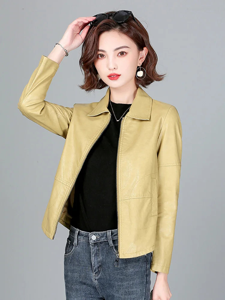 New Women Sheepskin Jacket Spring Autumn 2025 Fashion Casual Long Sleeve Short Zipper Leather Coat Loose Split Leather Outerwear