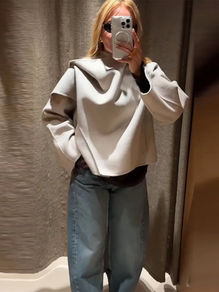 Winter Jacket Women Scarf Collar Short Woolen Coats Autumn 2025 Old Money Long Sleeve Solid Loose Bomber Jackets Chic Outerwears