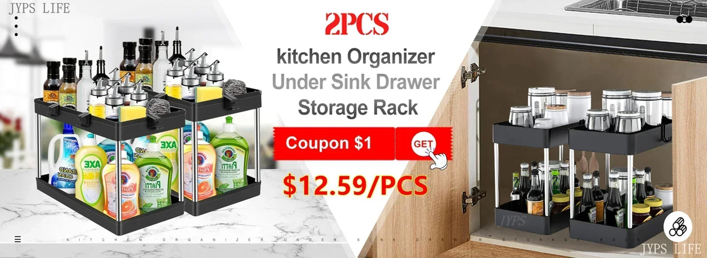 New 2 Tier Under Sink Organizer Sliding Cabinet Basket Kitchen Organizer Organizer Storage Rack with Hooks Hanging Cup Bathroom